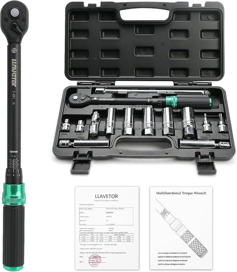 VETOR 14PCS 3/8 Drive Torque Wrench 5-45ft.lb, Magnetic Spark Plug Socket Set with 3/8" Universal Joint & 10" Extension Rod, Cr-V Steel Swivel Sockets for Automotive Tools - Image 1